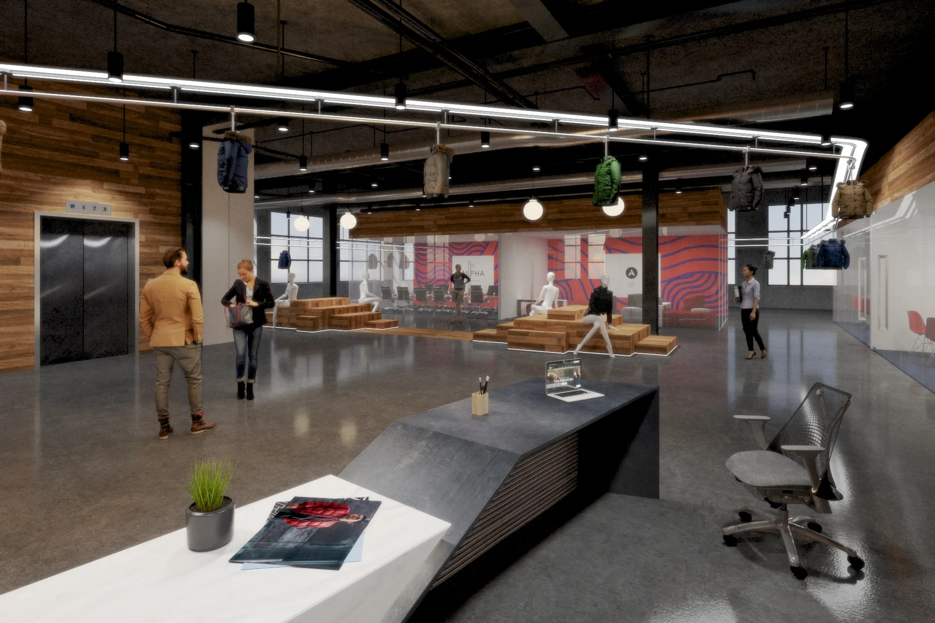Architectural rendering, Alpha industries showroom