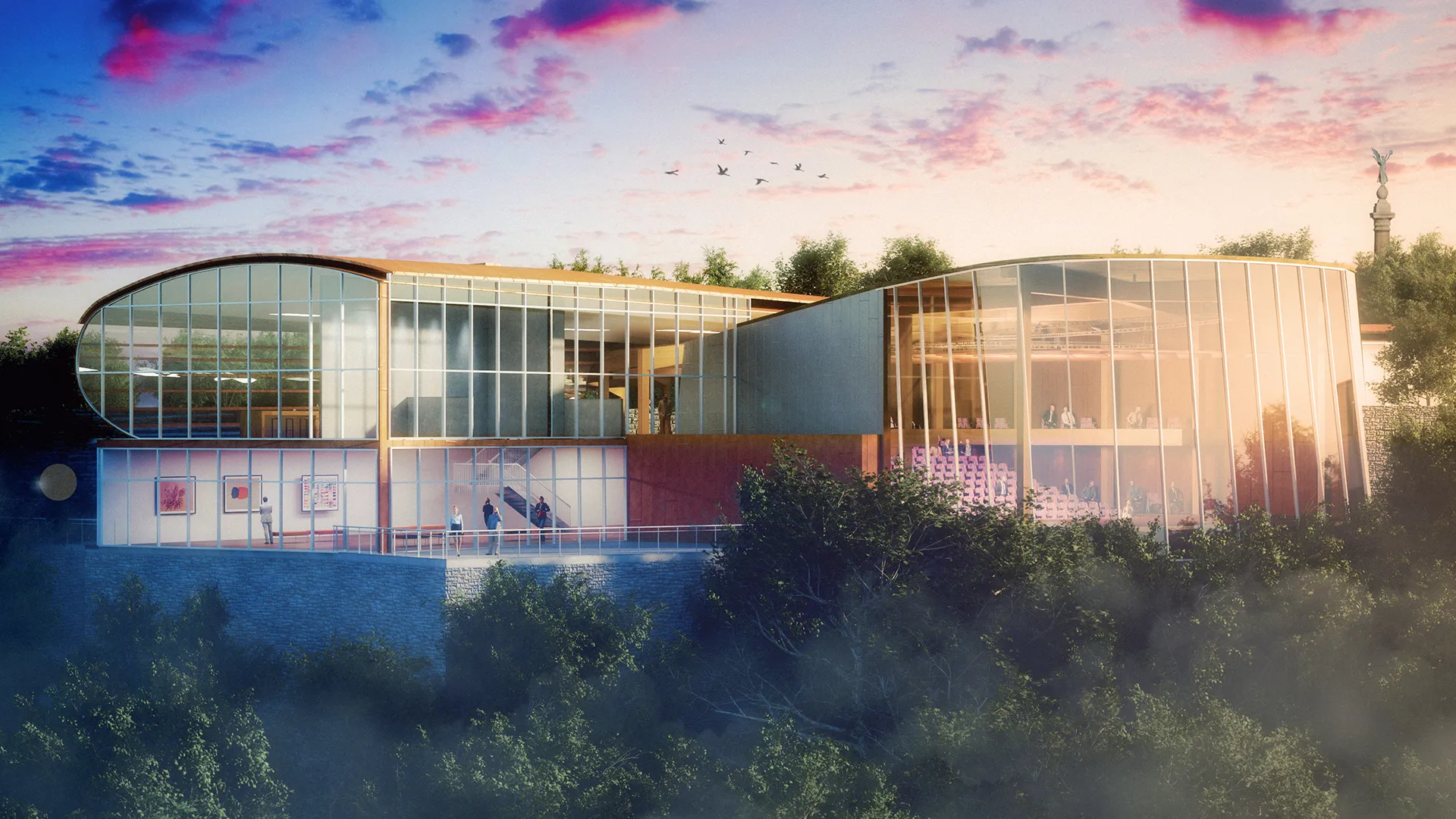 Architectural rendering, Arts center dusk