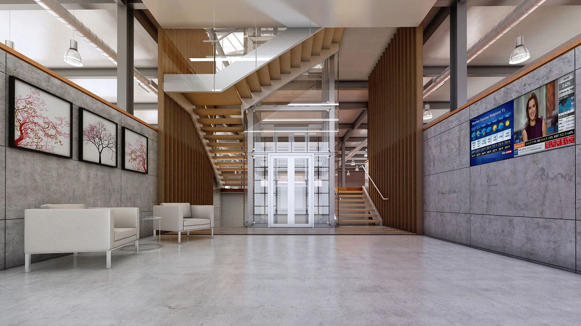 Architectural rendering, Concrete and wood lobby