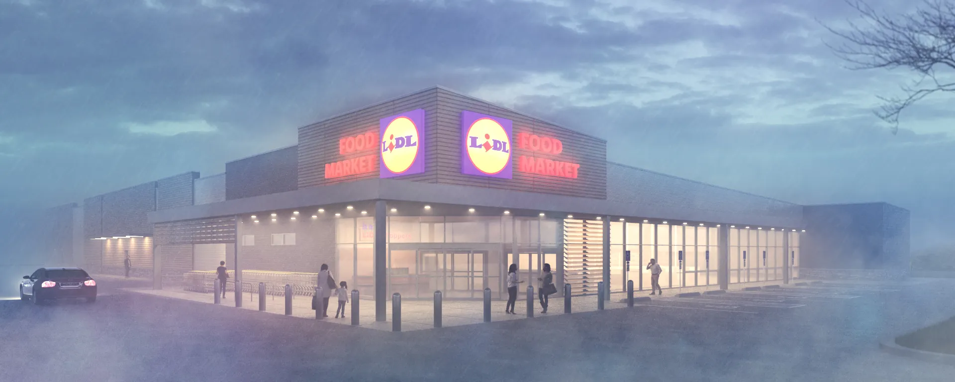 Architectural rendering, Food market dusk