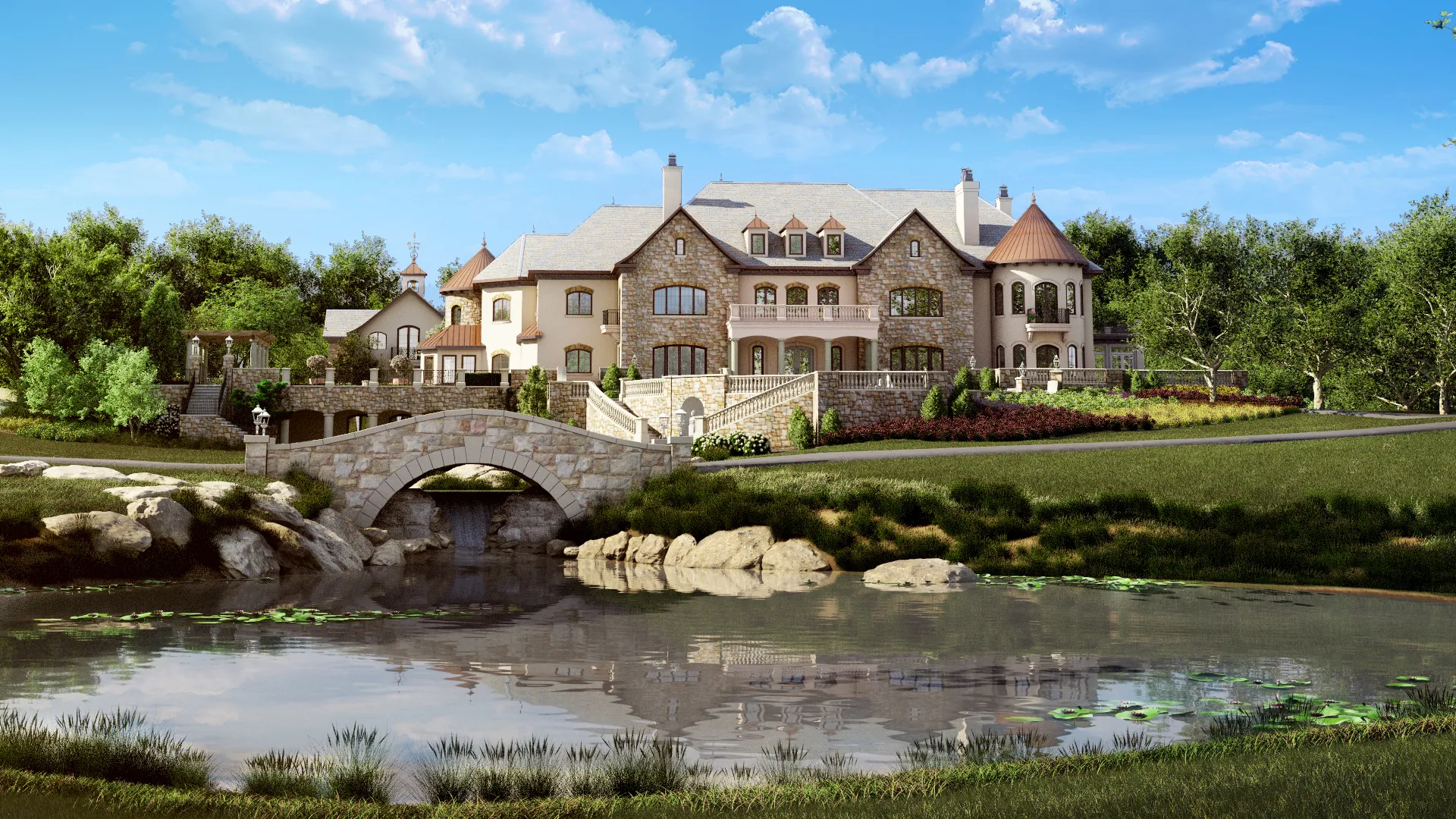 Architectural rendering, Stone estate pond